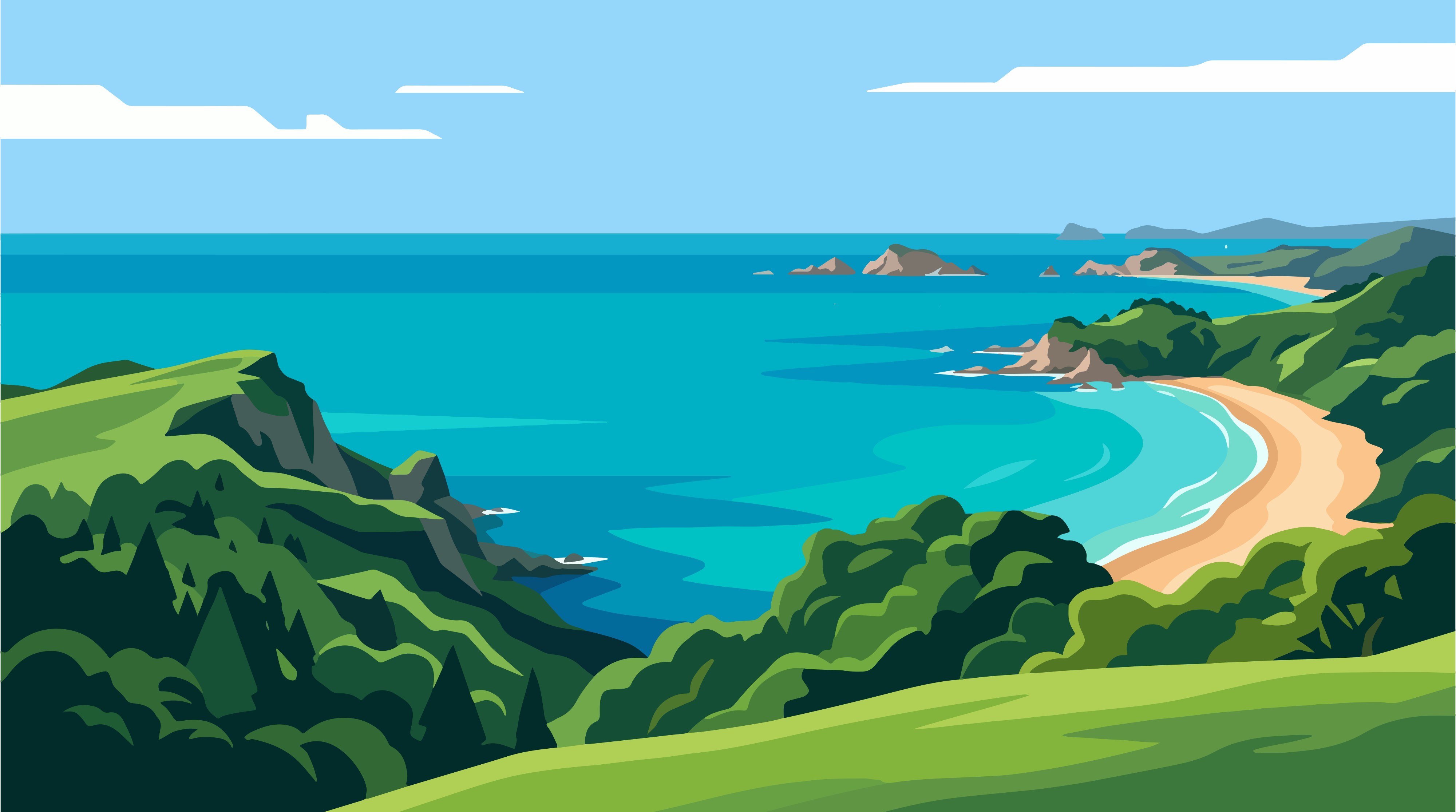 A digital illustration of a coastal landscape, with rolling green hills and blue ocean stretching off into the distance.